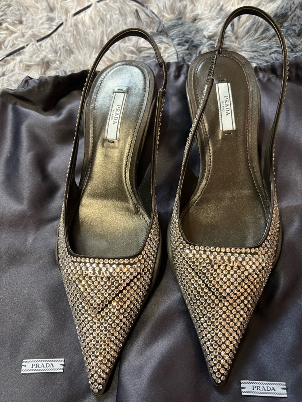 Prada Black Crystal-Embellished Slingback Pointed Heels Size 8-8.5 Women